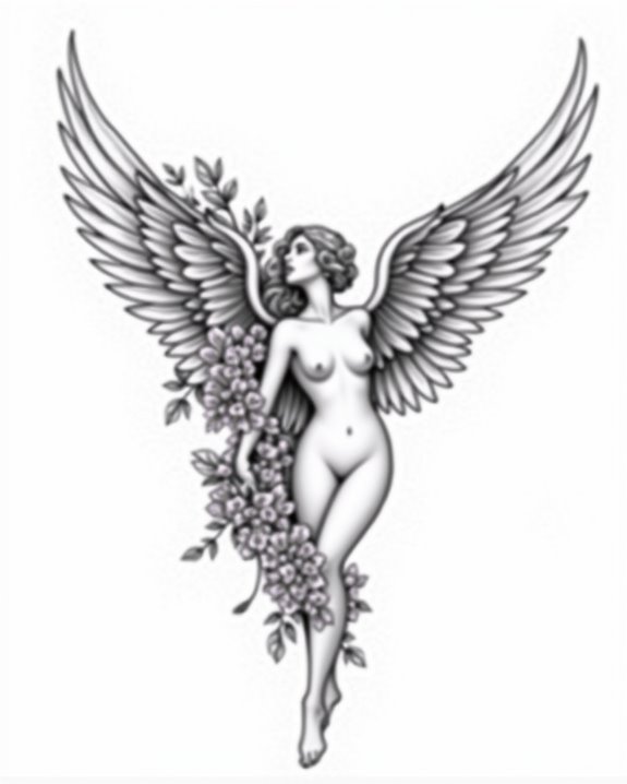 elegant angel floral tattoo