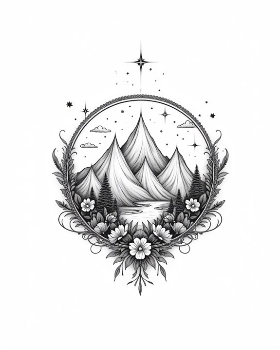 whimsical circular mountain art