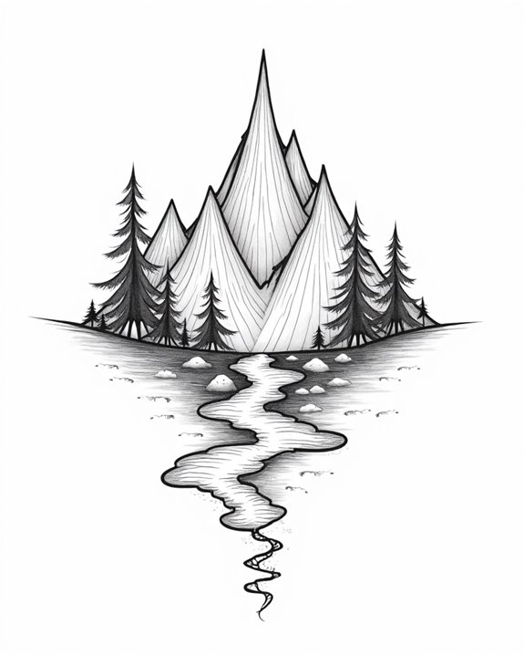 whimsical mountain river tattoo