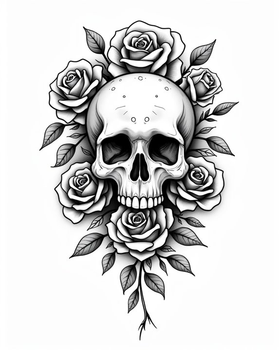 artistic skull with rose framing