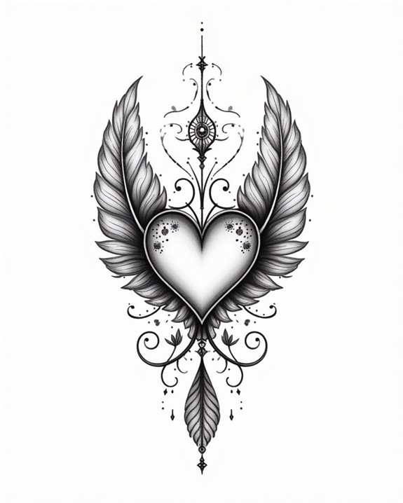 bohemian feather heart tattoo