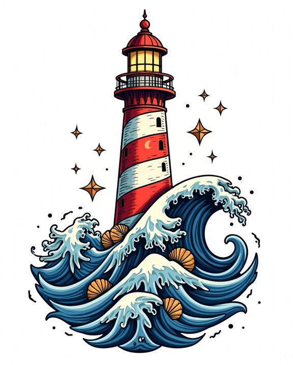 colorful lighthouse ocean tattoo
