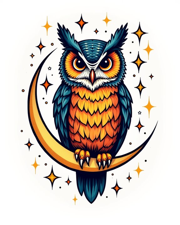 colorful owl under moon
