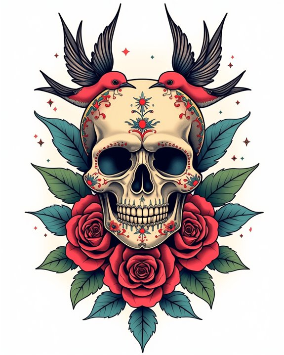 colorful skull with roses