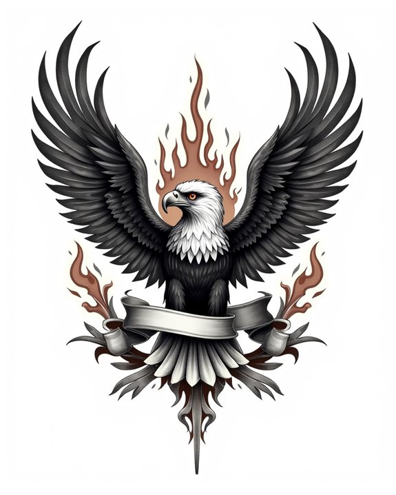 eagle holding fiery heart