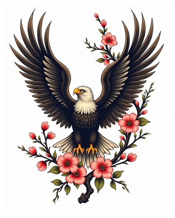 eagle over cherry blossoms