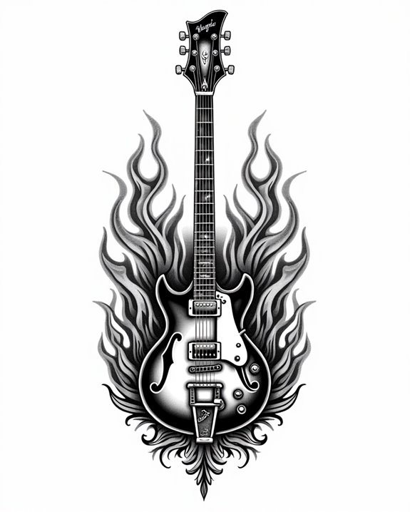 fiery retro guitar tattoo