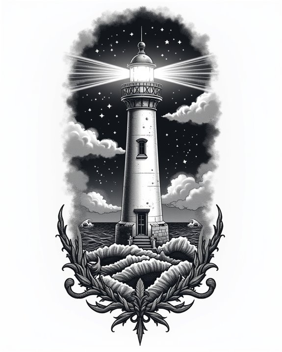 lighthouse illuminates starry night