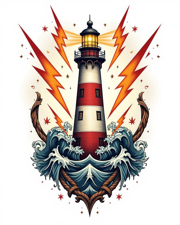 lightning clashes with lighthouse