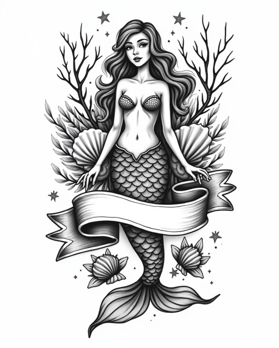 mermaid banner script tattoo