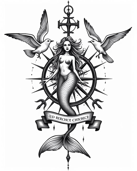 mermaid scroll seagulls nautical