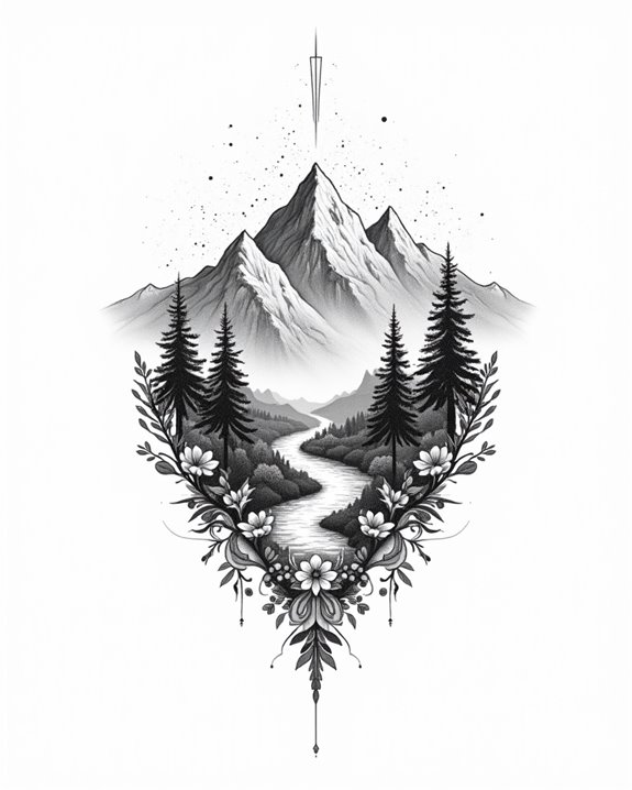 mountain peaks and forest silhouettes