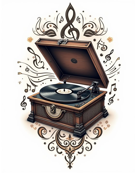 music symbols and record player