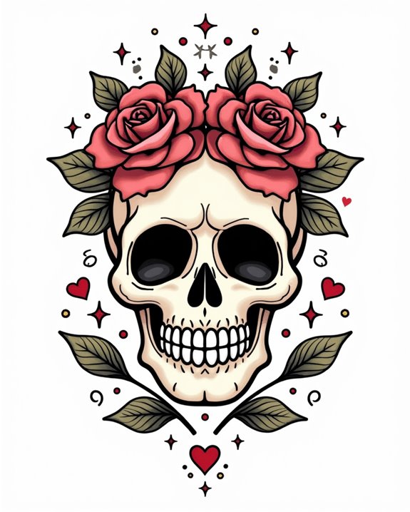 playful rosy skull tattoo