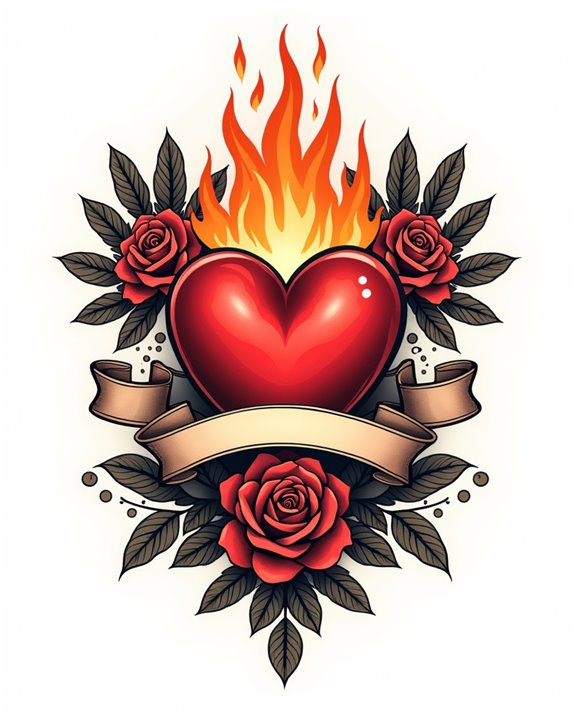 retro flaming heart tattoo
