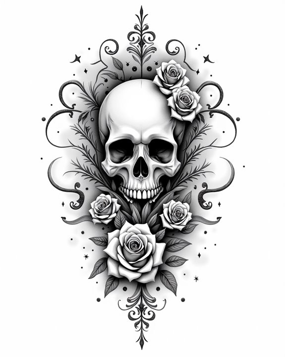 roses entwined with skull