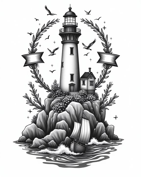 sailboat passes lighthouse beam