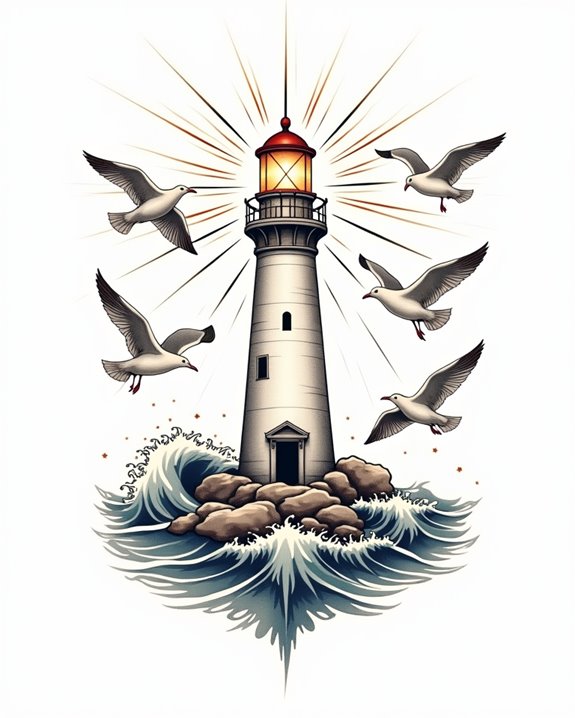 seagulls lighthouse morning flight