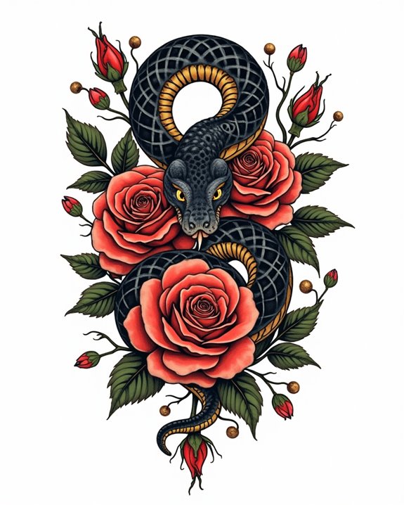serpent weaving through roses