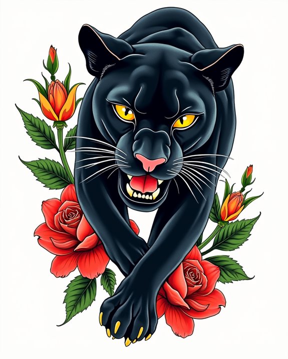 vibrant cartoon panther tattoo