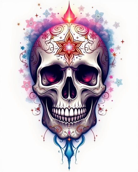 vibrant psychedelic skull tattoo