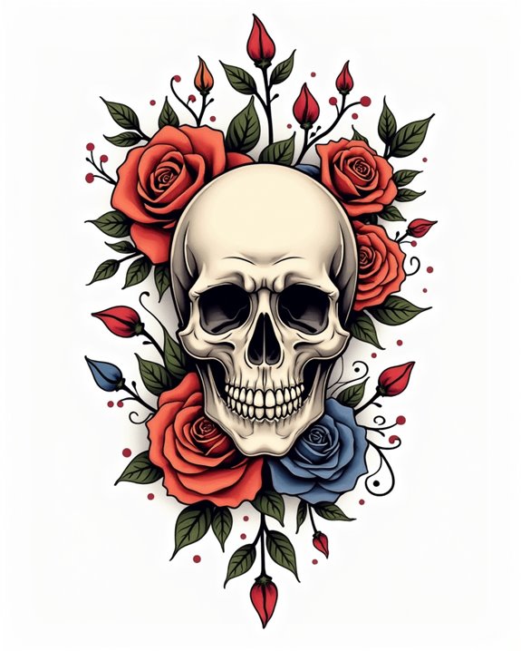 vibrant rose skull art