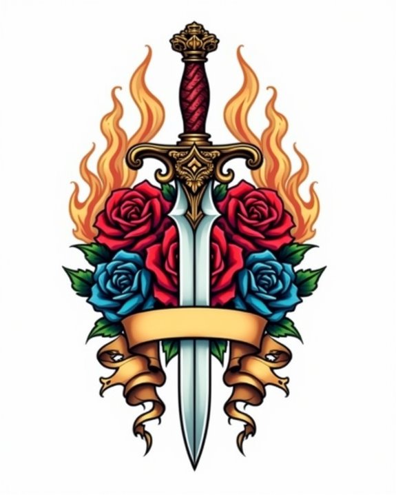 vibrant skull dagger tattoos