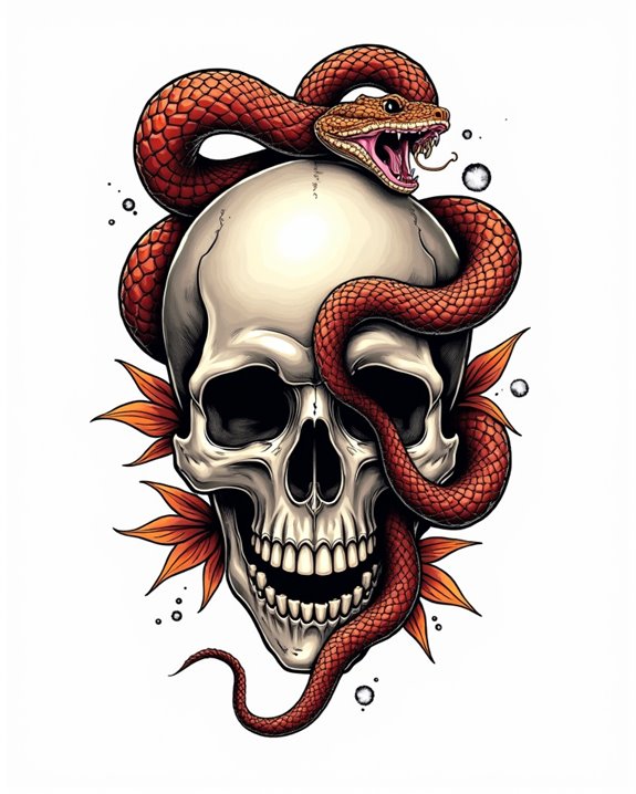 vibrant skull snake vintage tattoo