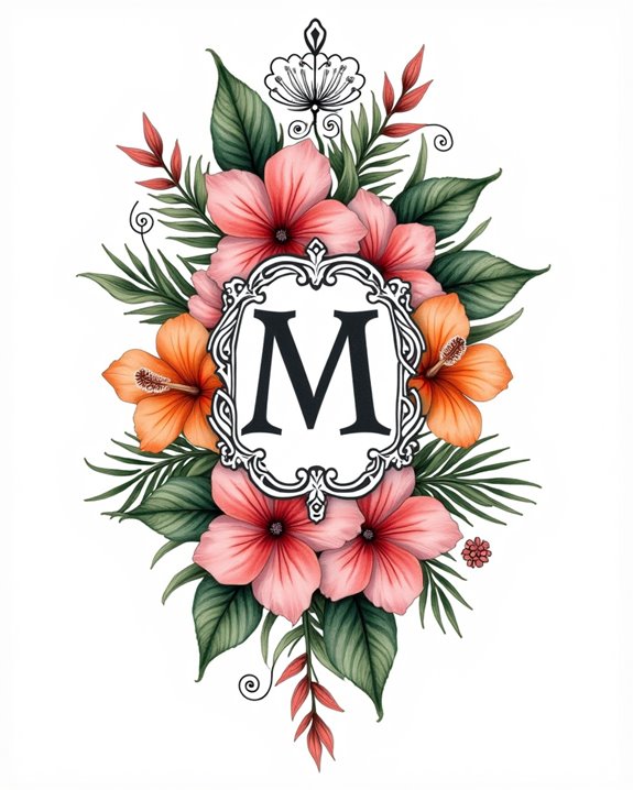 vibrant tropical floral initials