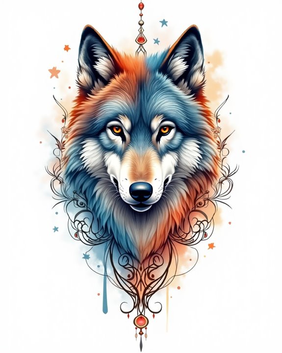 vibrant watercolor wolf design