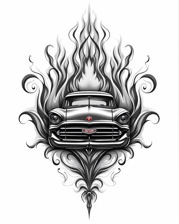 vintage car flames tattoo