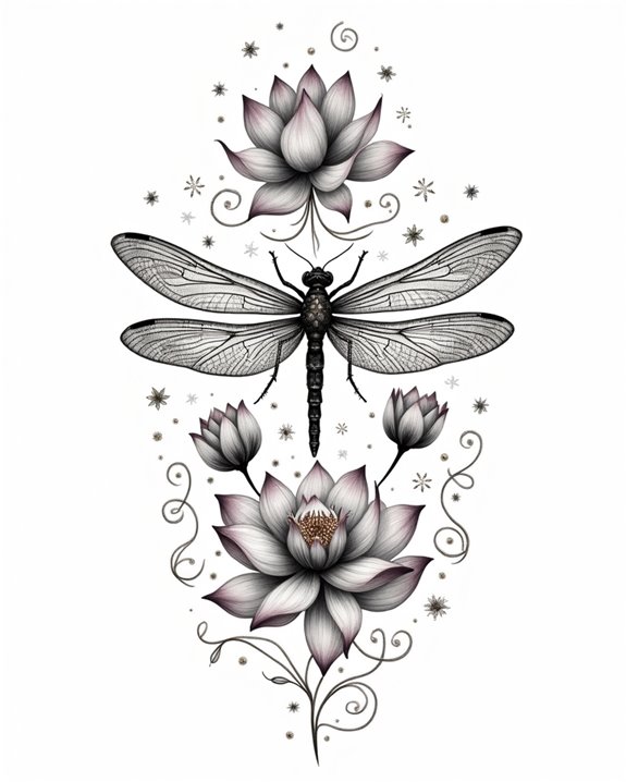 whimsical lotus dragonfly design