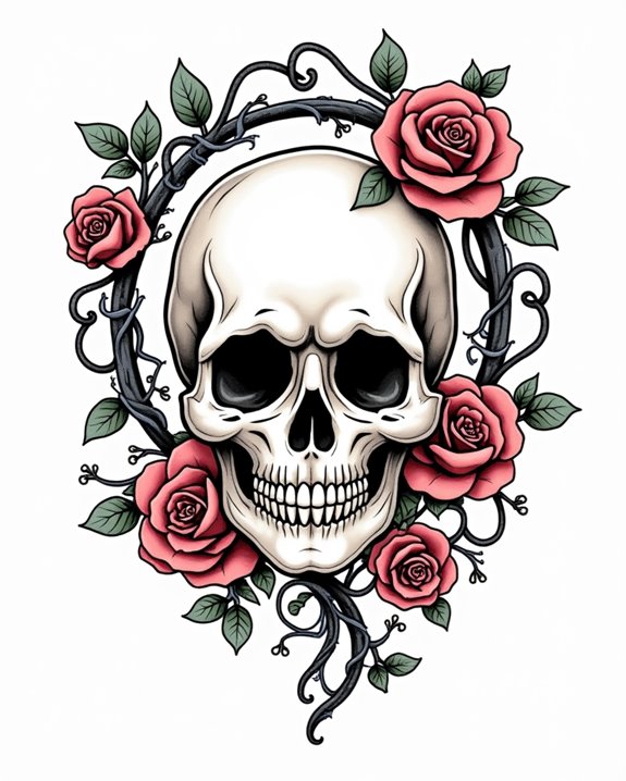 whimsical skull rose artwork